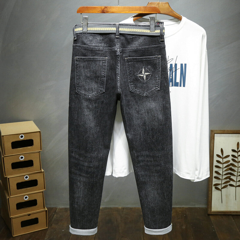 Jeans bordir pria, celana panjang kelas atas longgar trendi mikro regang kurus pas badan modis brands2024baru