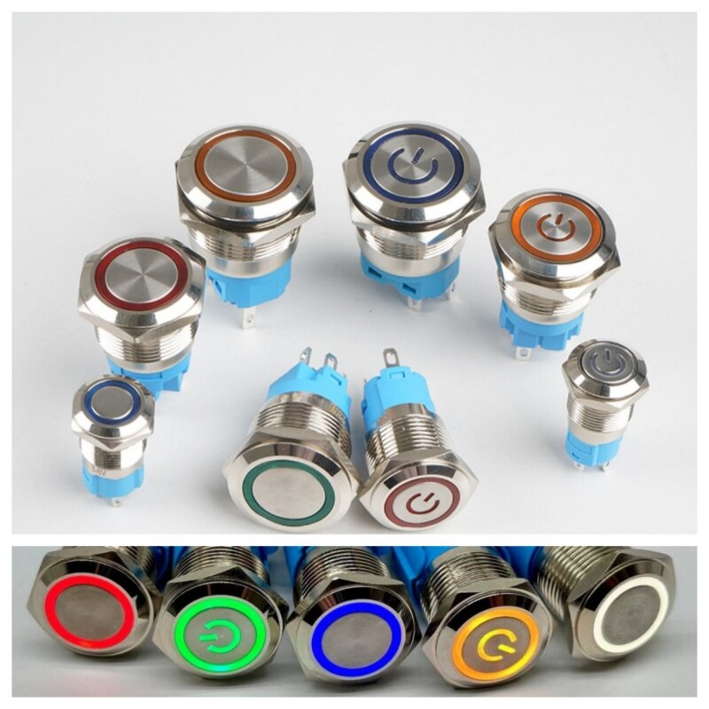 Luz LED Auto-Locking, 12mm, 16mm, 19mm, 22mm, 3V, 5V, 6V, Impermeável Momentary Metal Button Supply, Car Engine Power Supply, 12v, 24v, 220v, vermelho, azul