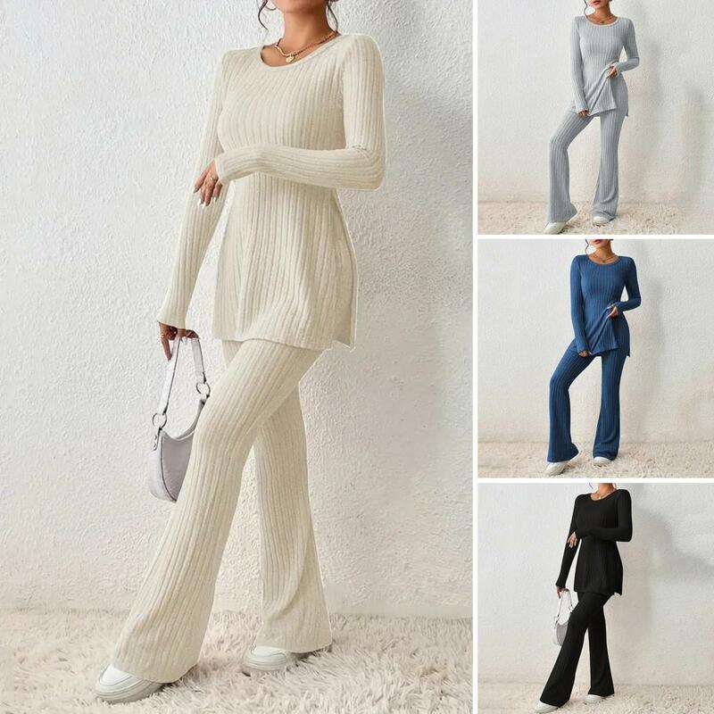 Conjunto de duas peças de malha feminina, conjunto elegante, manga comprida, top com nervuras, calças de cintura alta, outono