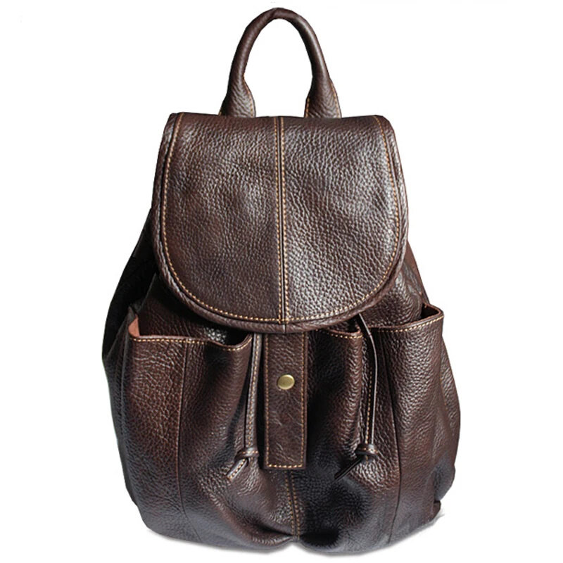 Mochila De Cuero genuino para mujer, bolso escolar femenino con cordón, color marrón, a la moda
