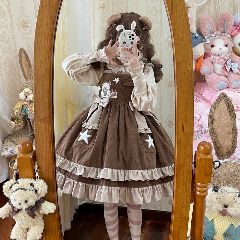 Vestido Kawaii de Lolita Jsk para mujer, vestidos de fiesta de princesa sin mangas con estampado de dibujos animados, bonito vestido de tirantes con volantes y lazo, Invierno
