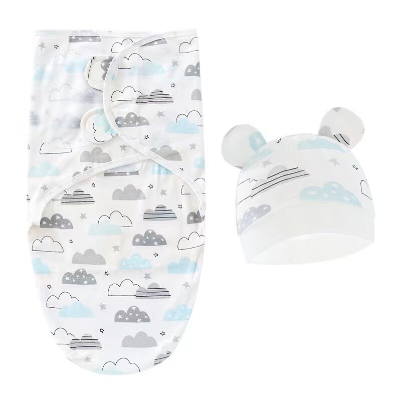 2 buah katun baru lahir Sleepsack bayi selimut bungkus Set topi bayi dapat disesuaikan baru lahir kantong tidur selimut Muslin 0-6M
