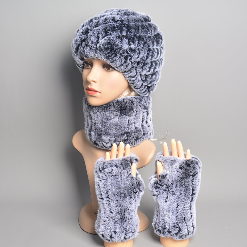 冬の女性の品質リアルファースカーフ帽子手袋セットリアルレックスウサギの毛皮ニットビーニー帽子リアルファースカーフレックスウサギの毛皮ミトン