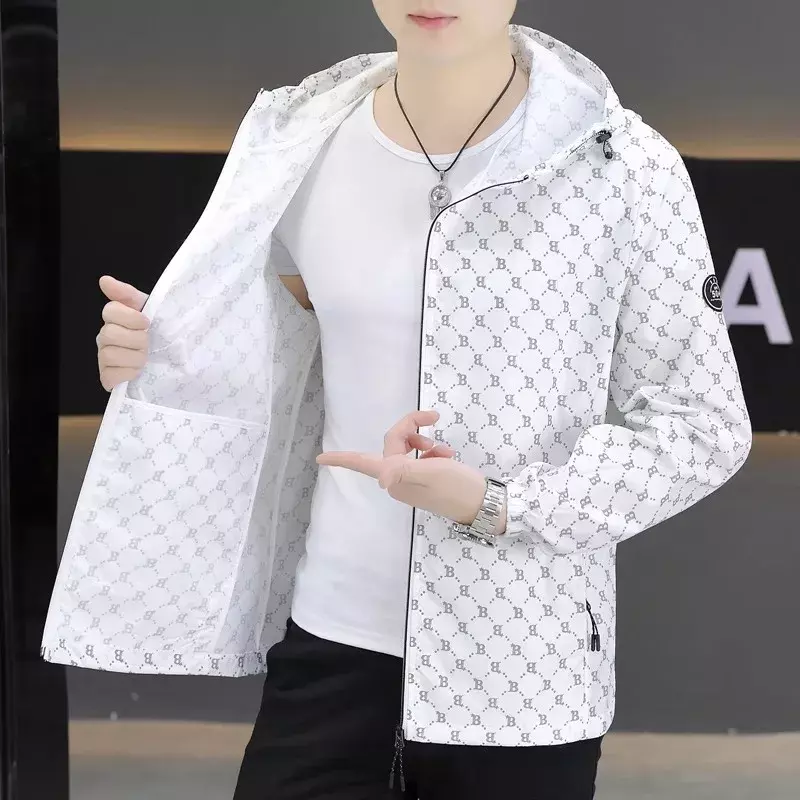 4 Colors!2024 New Light and Thin Sunscreen Coat for Men's Trendy Print Ice Silk Cool Feel Quick Drying Outdoor Hooded Jacket