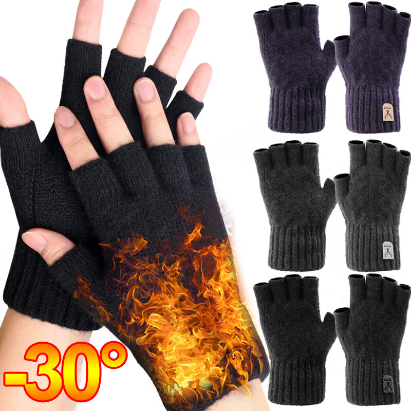 Зимние теплые перчатки для сенсорного экрана для женщин и мужчин, теплые утепленные шерстяные жаккардовые вязаные деловые перчатки без пальцев для телефона, игры, велоспорта
