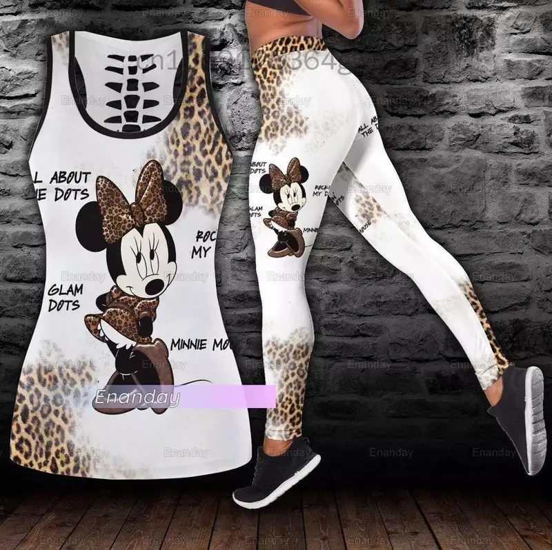 Disney Minnie Mickey Hollow Vest para mulheres, terno de ioga feminino, leggings de fitness, conjunto esportivo, regata, roupa legging