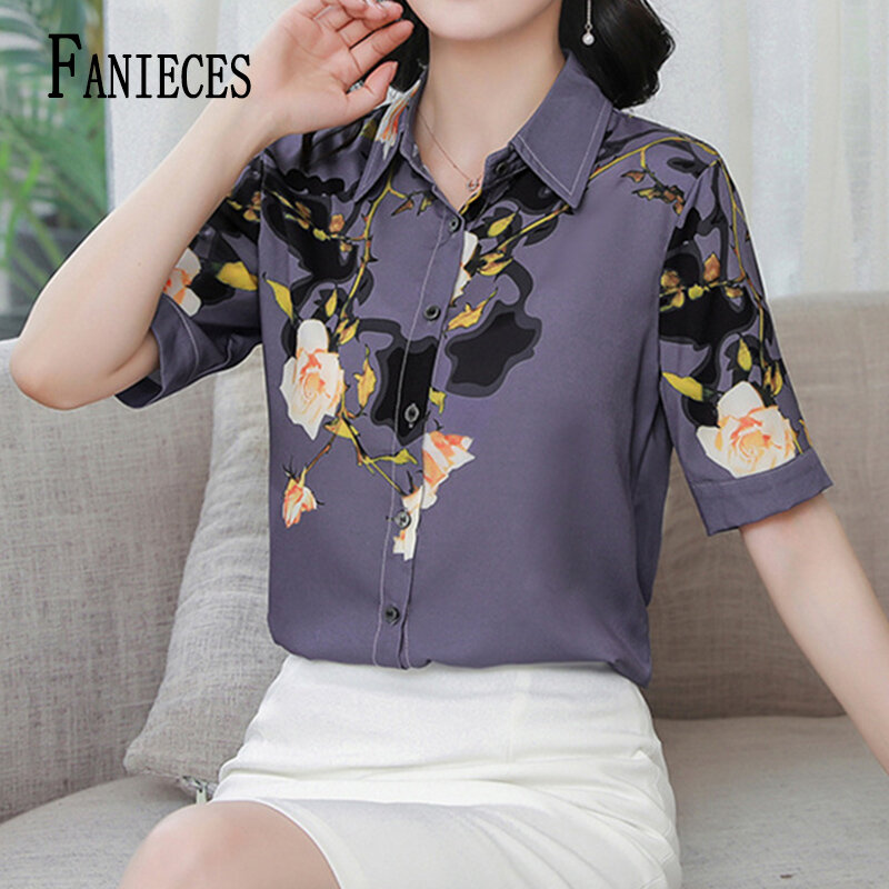 Blusa con estampado Floral para mujer, camisa informal de manga corta con solapa y botones, ropa de calle femenina, 2024