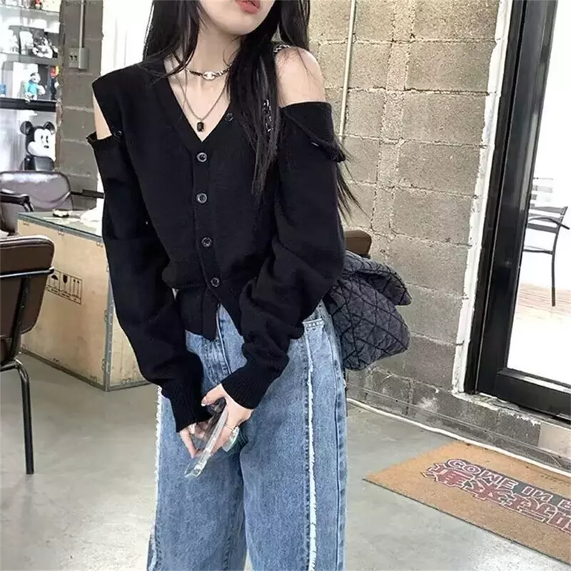 Korean Fashion Autumn New Black Oversized Cardigan Women V-neck Knitted Jumper Sweet Sexy Off Shoulder Long Sleeve Crop Top V764