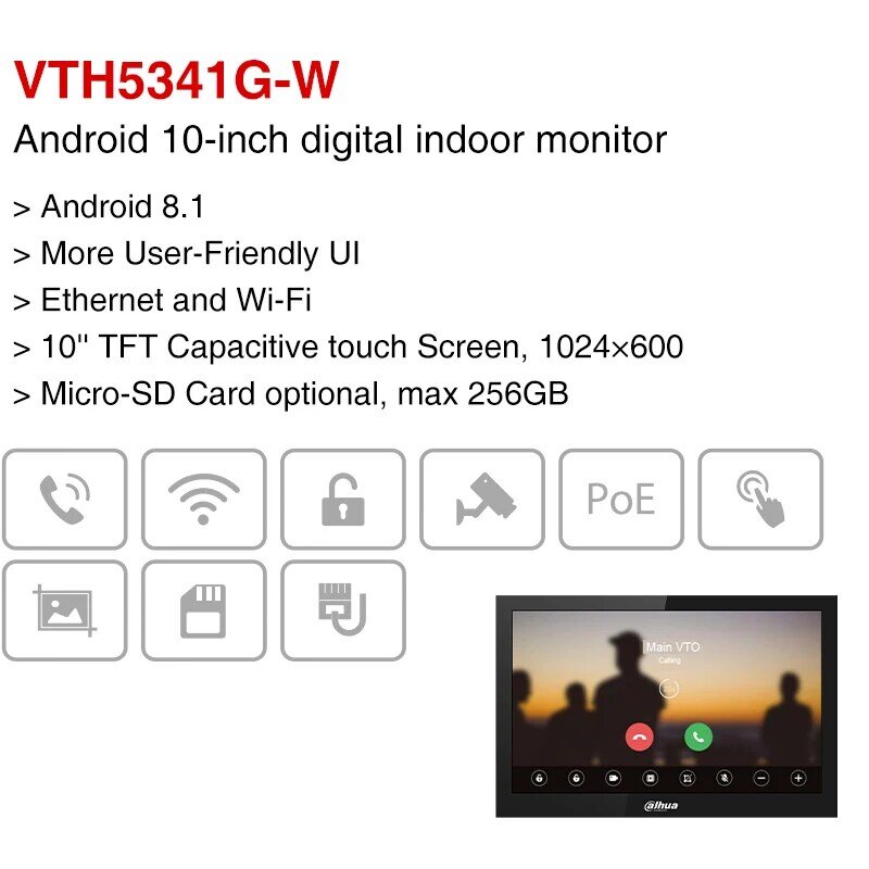 Dahua-Monitor Digital para interiores, intercomunicador de vídeo con altavoz incorporado, timbre inalámbrico, sistema de seguridad para el hogar, Android, POE, 10 pulgadas, VTH5341G-W