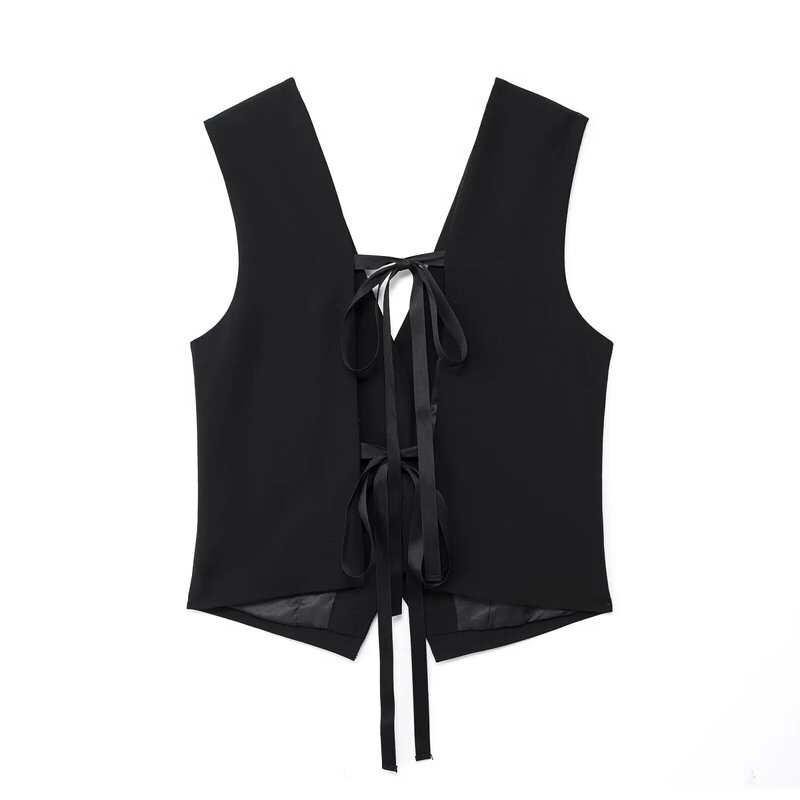Women's 2024 New Fashion Back Bow Tie Decoration Casual Straight Vest Retro V Neck Button up Women's Waistcoat Chic Top