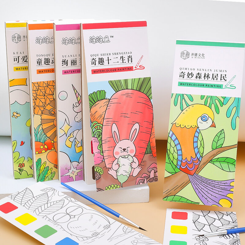 12 Sheets Portable Children's Pink Watercolor Coloring Book Paintbrush Set Beginners Paint Fillers Doodle Picture Coloring Toys