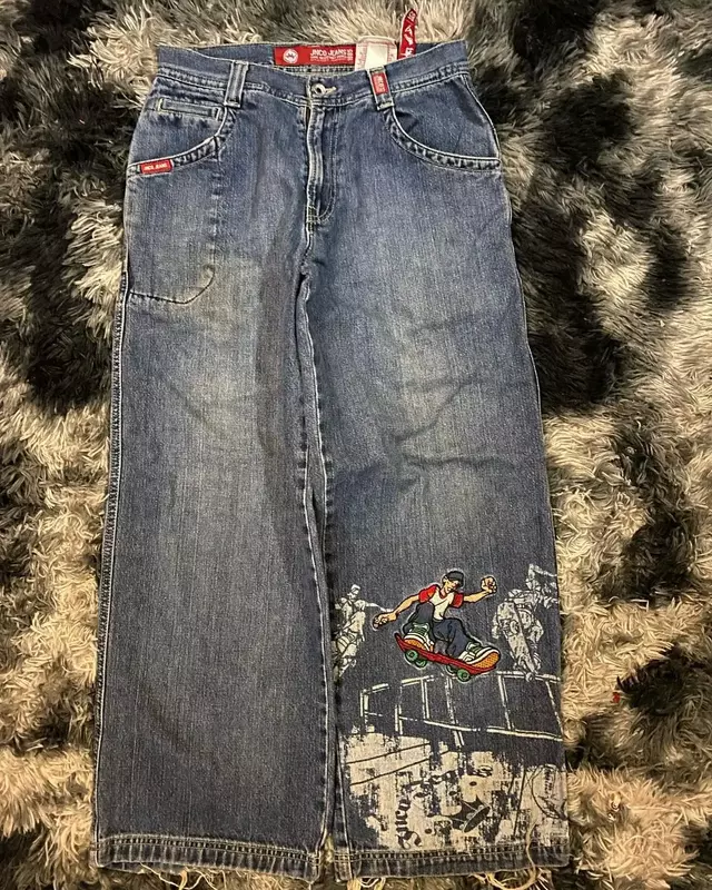 JNCO Y2K celana Baggy Jeans pria wanita Retro streetwear Skateboard dicetak pinggang tinggi Jeans Hip Hop Harajuku kasual longgar celana kaki lebar