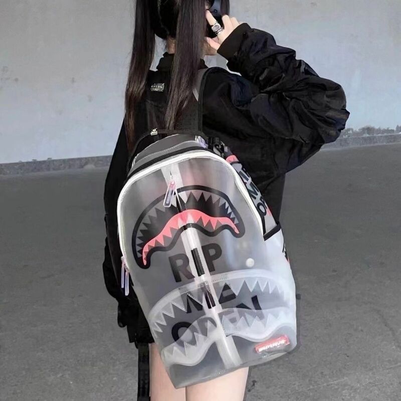 Y2k Streetwear Backpack Men Women Shark Design PU Leather Fashion Backbag Large Capacity Hip Hop Trendy Traveling School Bag