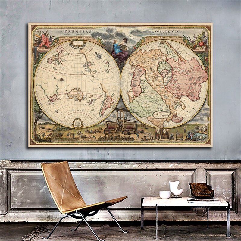 부직포 캔버스 그림 빈티지 포스터, 벽 예술 그림, 거실 홈 장식, 교육용품, 세계 지도, 59*42cm
