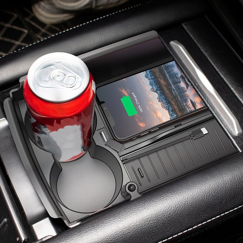 Model S/X pengisi daya nirkabel, alas pengisian daya ponsel nirkabel QI, pemegang cangkir penyimpanan konsol tengah mobil untuk Tesla Model S/X 2017-2019