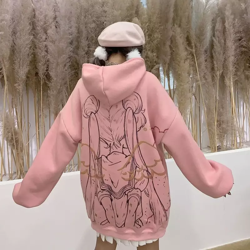Harajuku Super Hot Animation Graffiti Hoodie Women's Japanese Kawaii College Sweatshirt Coat Plush Winter Warm Pullover Coat