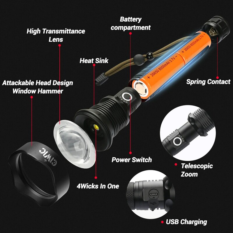 Lanternas de LED recarregáveis, XHP70 Lâmpada Beads, 90000 Lumens, Super Bright, Poderosa Lanterna para Camping e Emergências