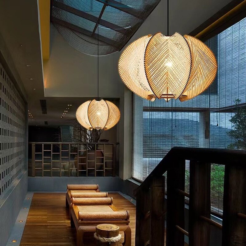 Estilo japonês Rattan Lustre, Luz de teto, Pingente De Bambu, Luzes suspensas, LED minimalista Droplights para jantar