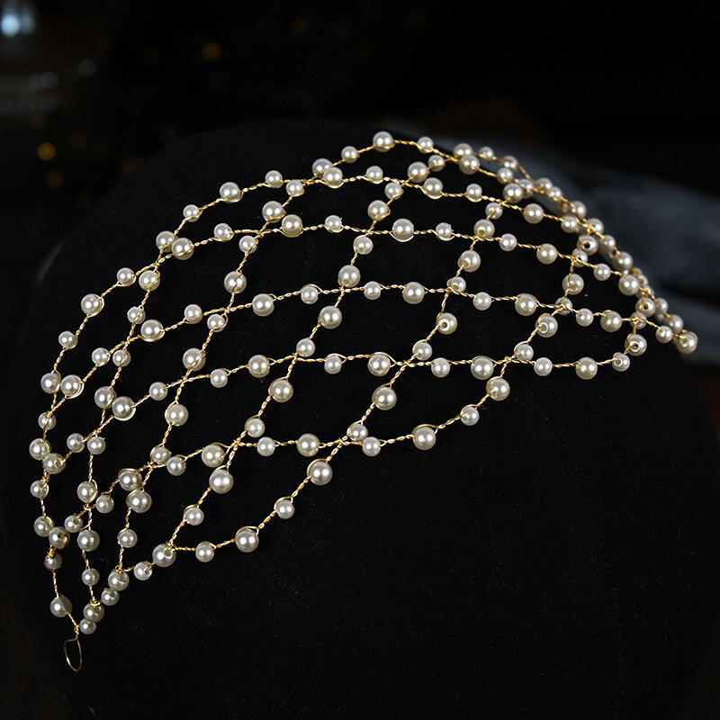 Diadema de malla de acero inoxidable con perla simple, diadema de calle hueca, nueva