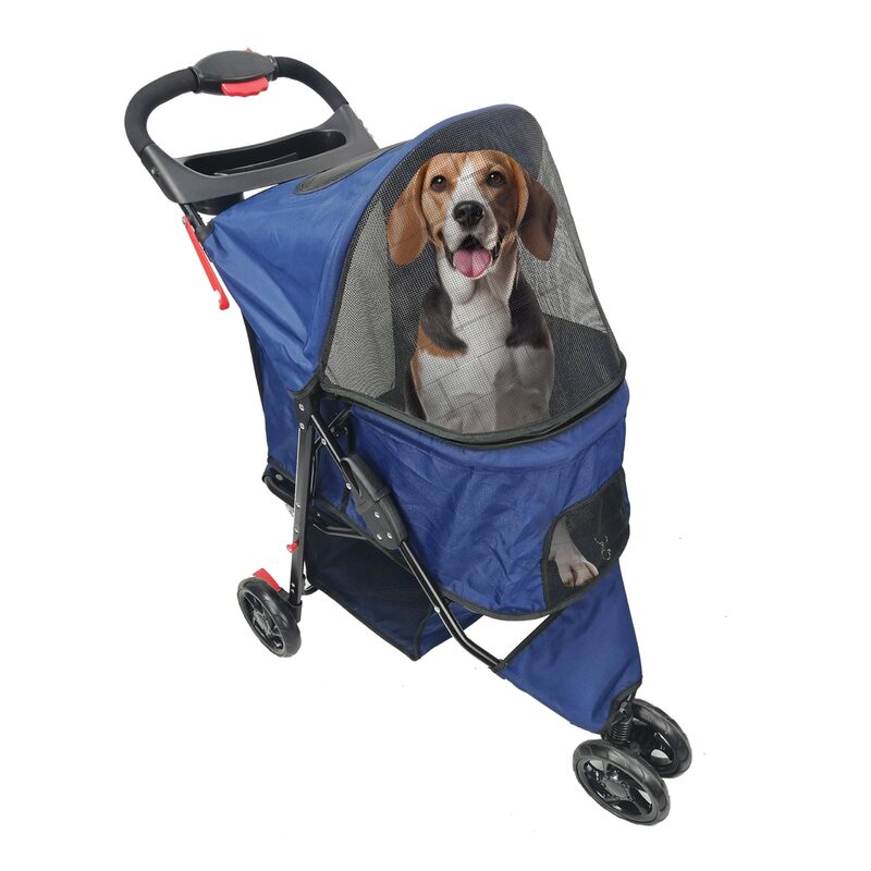 Cochecito plegable azul para mascotas, comodidad y movilidad para transportar gatos y perros sin esfuerzo