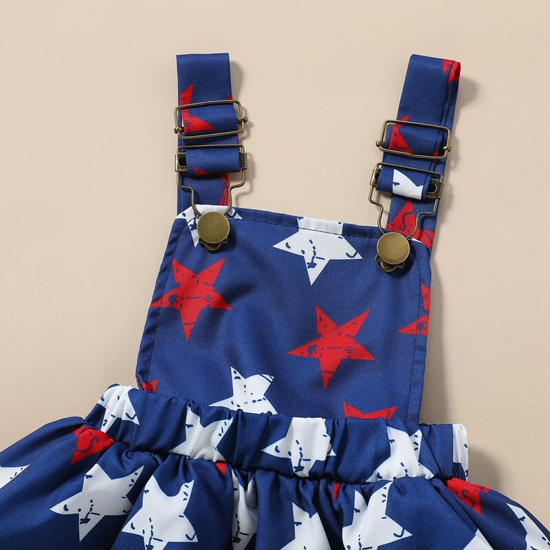 2024-04-06 lioraitiin Baby Girls Independence Day Sets Short Sleeve Ruffle Romper Stars Print Suspender Skirt Headband Sets