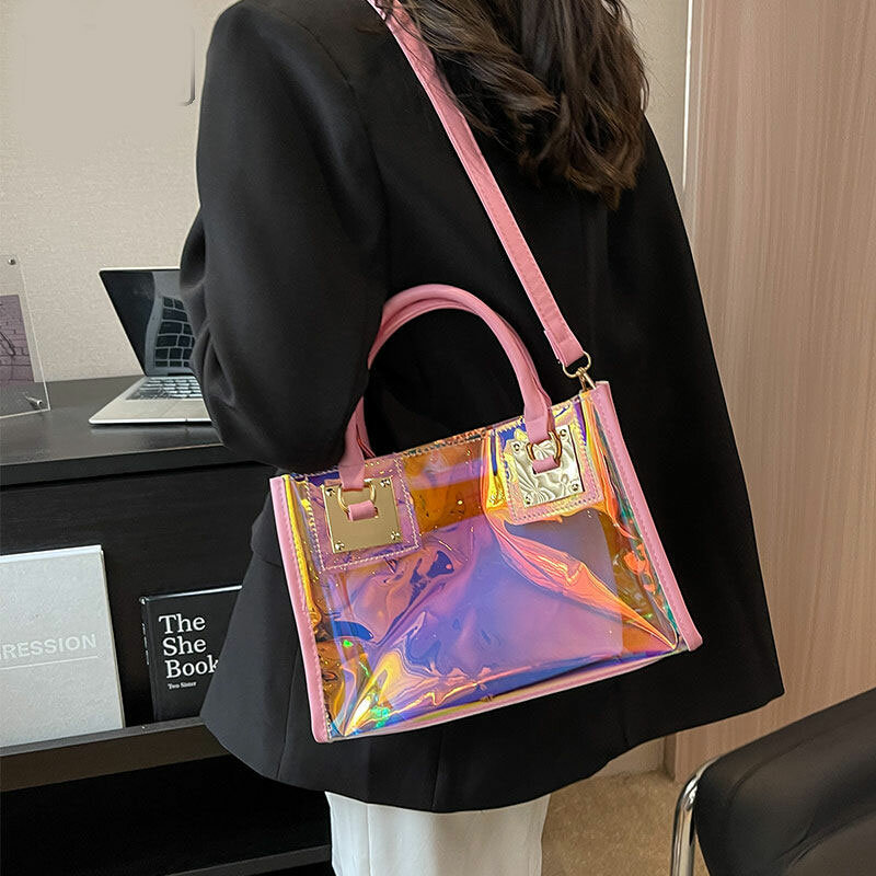 Прозрачная сумка для женщин, портативная прямоугольная дамская сумочка на плечо с большой вместимостью, с лазерным принтом желе, с диагональным крестом