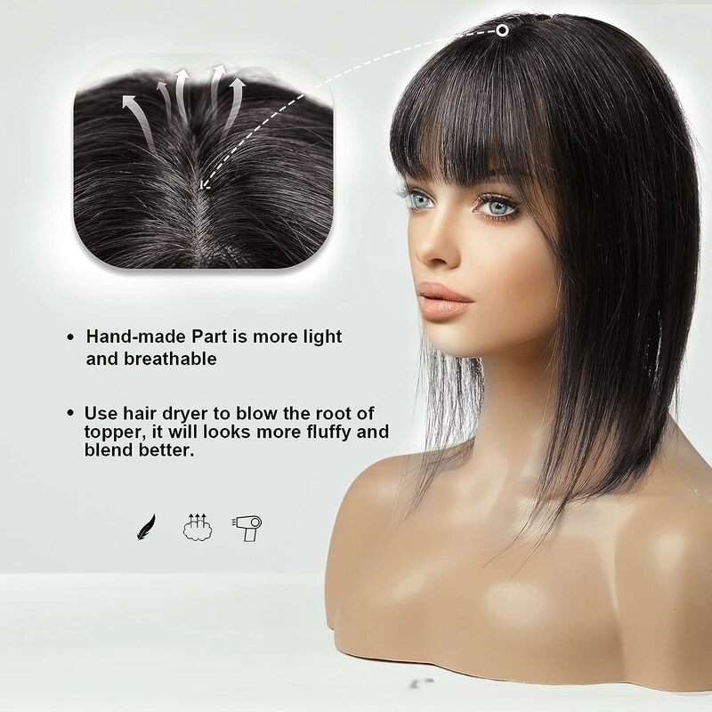 Toppers de cabelo humano reto brasileiro para mulheres, cabelo remy real, base de seda com clipe franja, 12x1 3/13x14