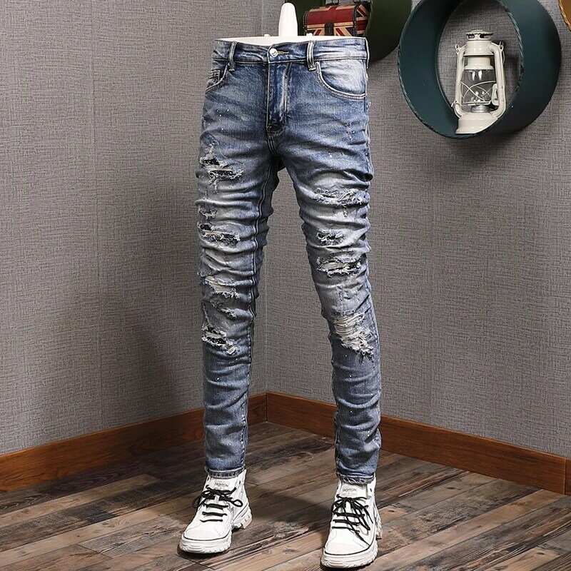 Street Fashion Men Jeans Retro Washed Blue Stretch Skinny Fit Ripped Jeans Men Painted Patched Designer Hip Hop Brand Pants