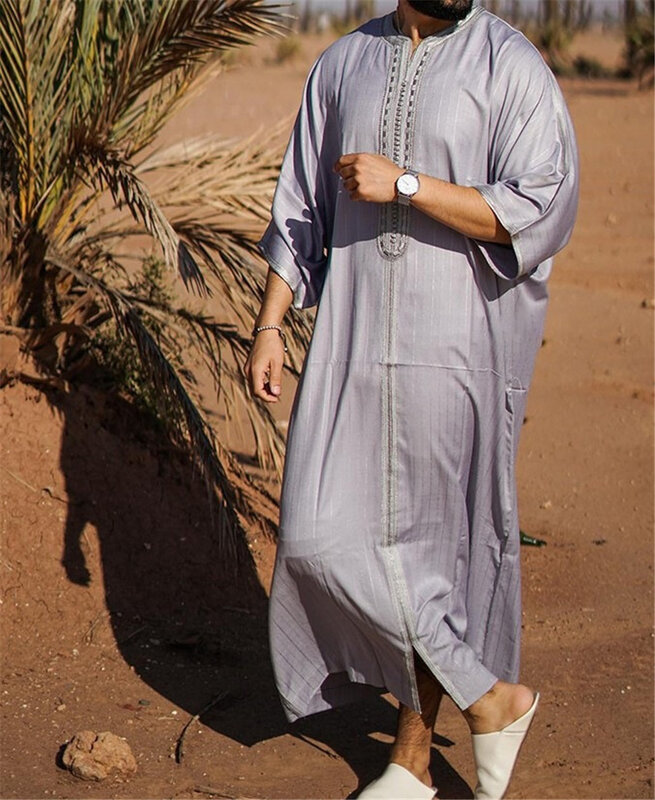 2024 New Islamic Clothing Men Loose Jubba Thobe Muslim Robe Eid Ramadan Abaya Men's Long Dress Dubai Arabic Embroidered Kaftan