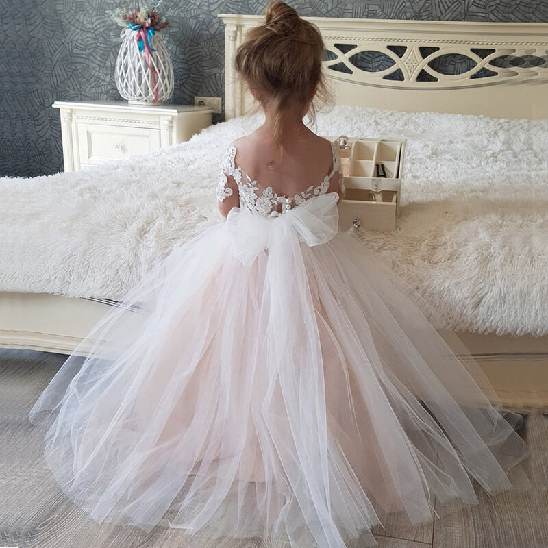MisShow Kids Flower Girl Dresses For Wedding Party Puffy Bow Birthday Bridesmaid First Communion Dress for Child Baby