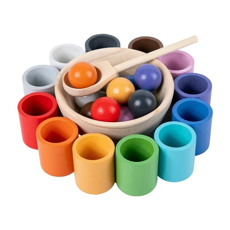 Children Montessori wooden early education 12 color balls cups kit classification matching bead educational Rainbow toys kids