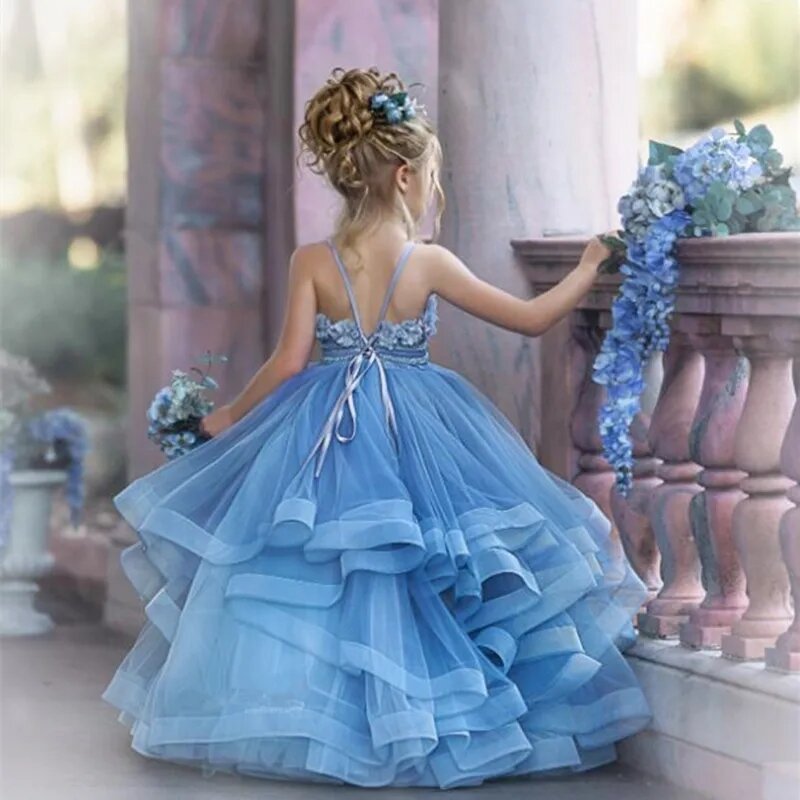Милое Тюлевое платье с оборками в несколько рядов для девочек, Цветочная аппликация, пышные платья принцессы, трапециевидные платья на спагетти для первого причастия