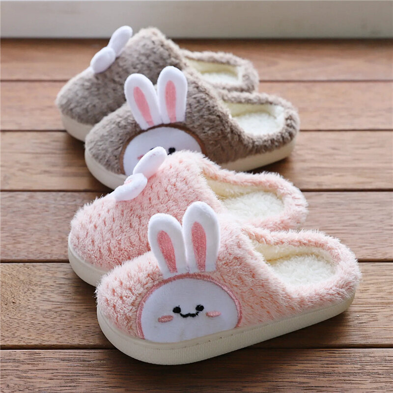 New Children's Home Slippers Winter Boys Girls Cute Flip Flops Rabbit Indoor Velvet Non-slip Wooden Floor Furry Warm Cotton Shoe
