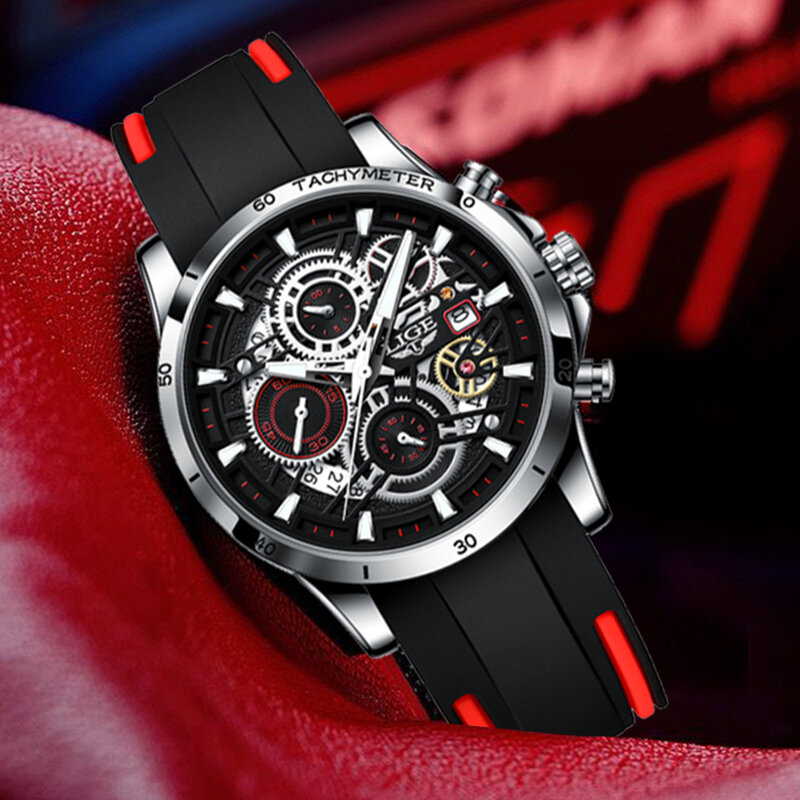 LIGE jam tangan bisnis pria, arloji Quartz tahan air bercahaya silikon lembut tanggal untuk lelaki