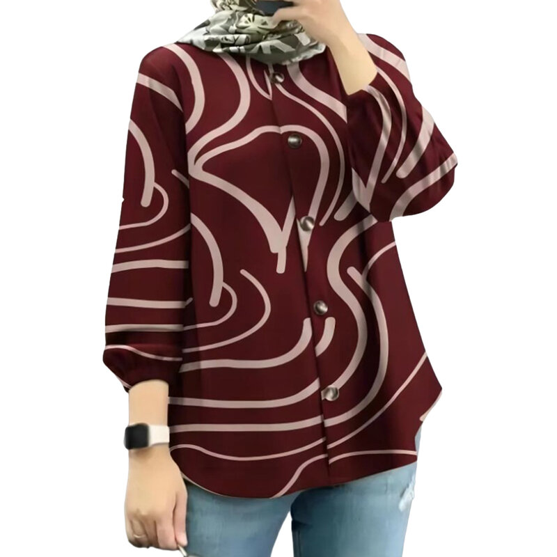 Casualowe topy koszula luźny Top muzułmańska koszula modna kwiecista bluzka w roślinny wzór szata wakacyjne topy długi rękaw