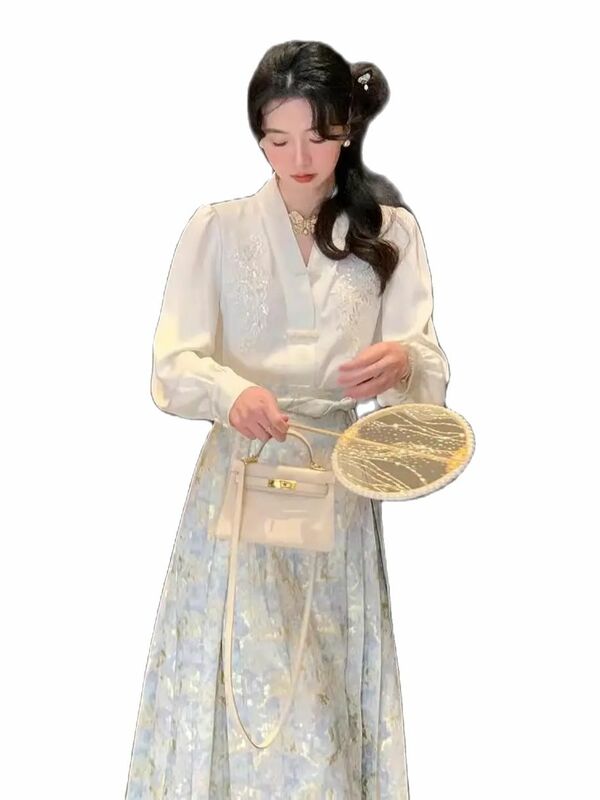 한국 세트 여성용 말 원피스 롱 스커트, 컨트리 스타일 자수, 우아한 셔츠, 페어리 세트 투피스