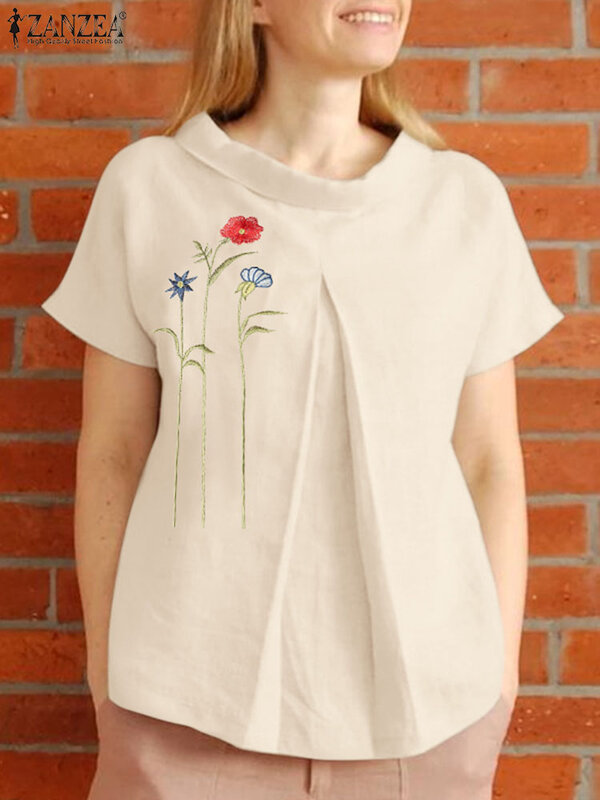 ZANZEA-blusa floral de manga curta para mulheres, tops bordados, camisa de trabalho vintage, moda natalícia, camisa solta, verão, 2024