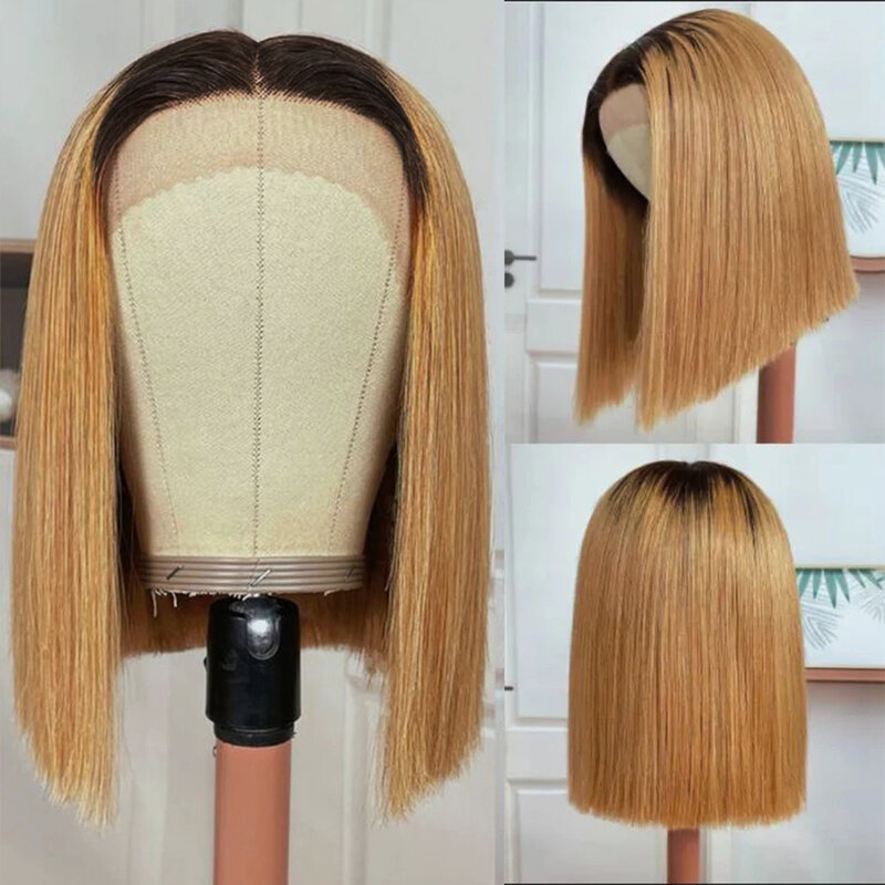 Honey Blonde Wig Straight Bob Wig 13*4 Ombre Human Hair Wigs Brazilian Remy Hair Tow Tone Wig For Women Deep Part With Baby Hair