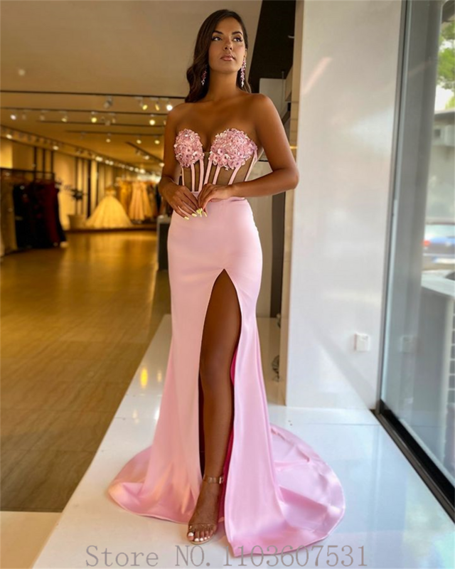 Sweetheart Collar Satin Beaded Flower Accents Prom Dress for Women Side Split Mermaid Court Prom Evening Gown فساتين سهرة