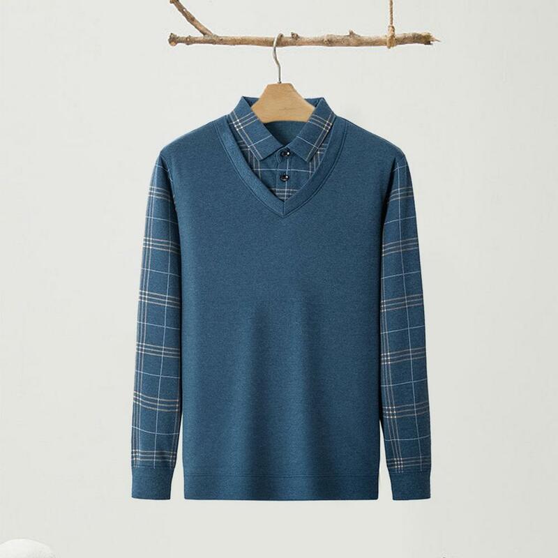 Polyester Knit Sweater for Men Mid-aged Men's Business Sweater with Patchwork Stripes Buttoned Lapel for Fall Winter Thick Warm