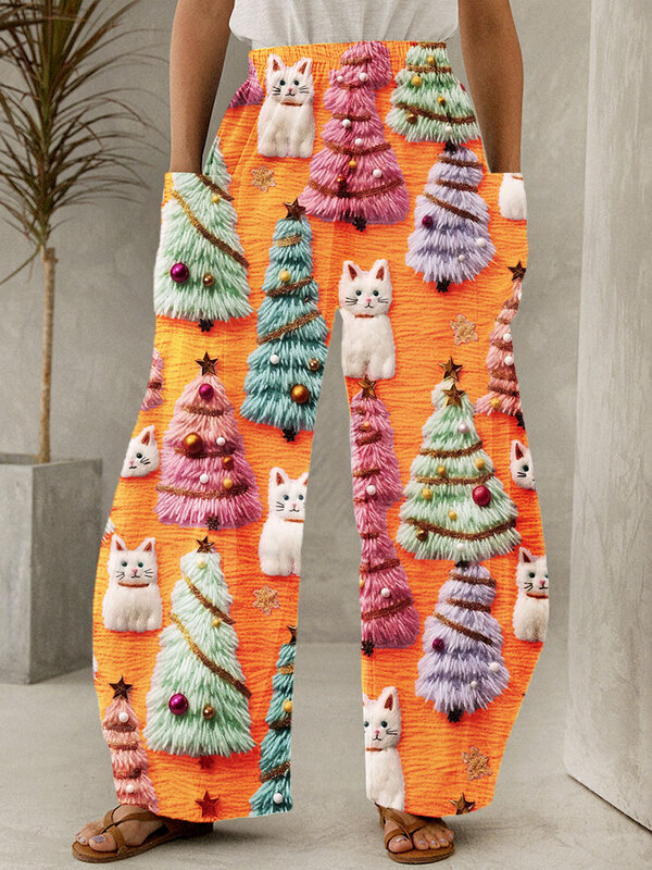 Pantalones con estampado de árbol de Navidad para mujer, pantalón informal con bolsillo, Harajuku, Y2K, holgado, de pierna ancha, Chic, primavera y verano