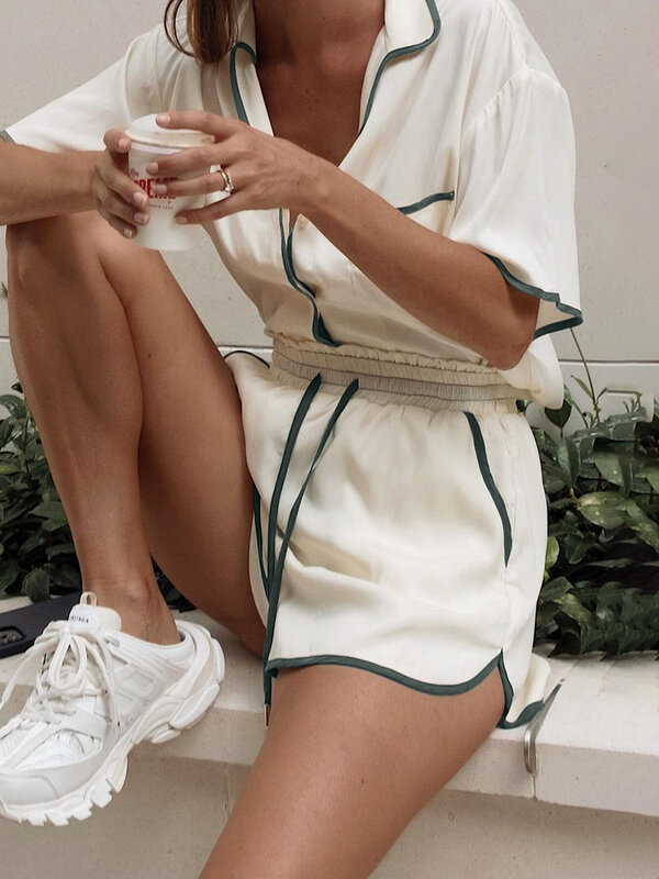Marthaqiqi ubrania domowe damskie koszule nocne z krótkim rękawem skręcić w dół kołnierz piżama szorty w stylu Casual, letnia damska bielizna nocna 2-częściowy garnitur