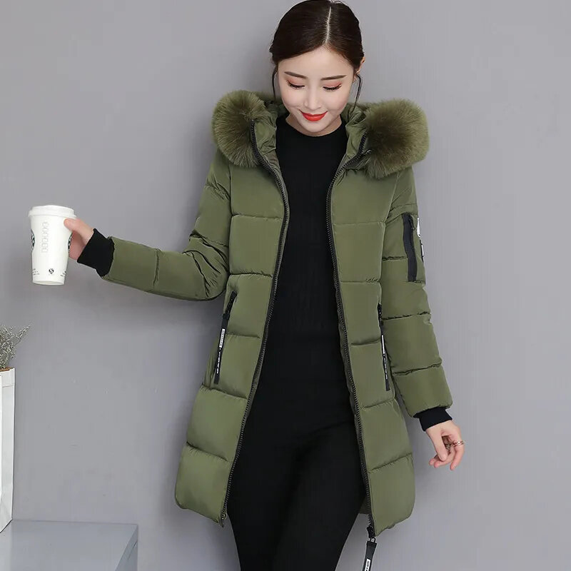 Gidyq Winter Women Hooded Parkas Korean Elegant Patchwork Fur Jacket Fashion Female All Match Thick Warm Midi Overcoat New