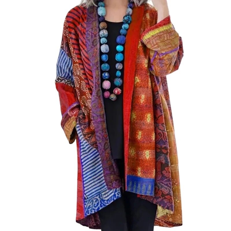 Womens Cotton And Linen Printed Long Sleeved Cardigan Casual Loose Jacket