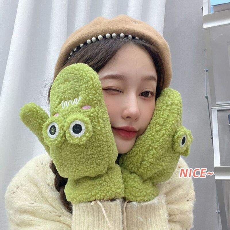 Soft Plush Cute Frog Gloves Thickened Green White All Fingers Gloves Hanging Neck Keep Warm Winter Gloves Women Girl Female