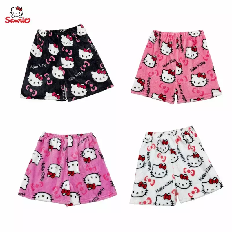 Sanrio-Pijama de Hello Kitty para mujer, pantalones cortos de franela Kawaii Y2K, pantalones cortos de cintura alta, pantalones calientes americanos, regalo para niña, verano 2024