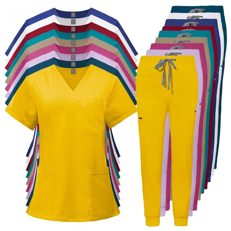 ชุดเครื่องแบบ celana joger คอวีแขนสั้นสำหรับผู้หญิงชุดเครื่องแบบพยาบาลหลากสีชุดทำงานแพทย์สำหรับสัตว์เลี้ยง
