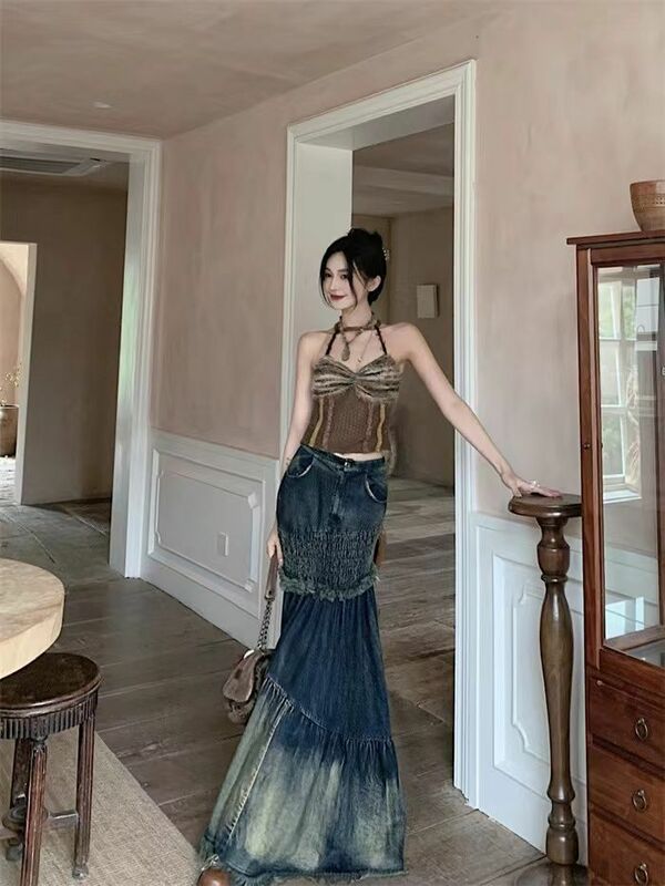 Jupe demi-longueur en denim teint en queue de poisson pour femme, carillon à la mode, taille haute, style Wasteland, coupe couvertes, 2024