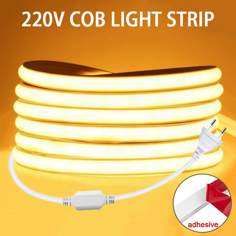 Fita LED COB flexível para quarto, fita impermeável, adesivo, alto brilho, iluminação exterior, iluminação do jardim, 220V