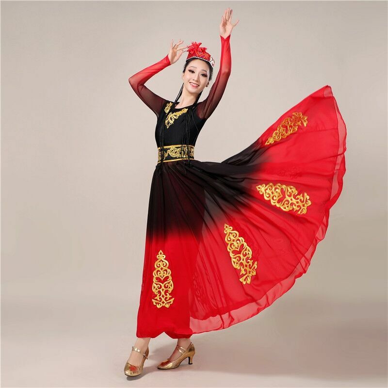 Vestido estilo étnico para mulheres, saia grande, vestimenta de dança folclórica chinesa, traje de dança indiana, roupa de palco de ano novo